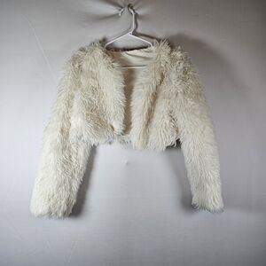 SHEIN White Faux Fur Cropped Open Front XS Jacket